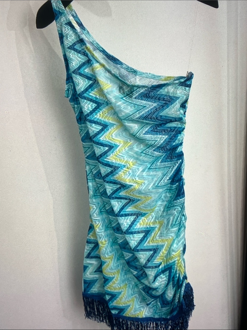 Missoni Turquoise & Navy One-Shoulder Zigzag Fringe Mini Dress - Picture 6 of 8